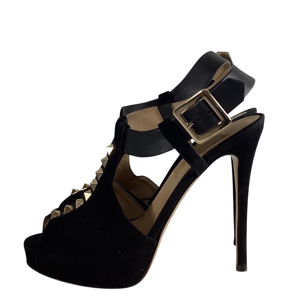 Valentino Garavani Rockstud Black Suede Platform Sandals Gold Studs Heels 35
